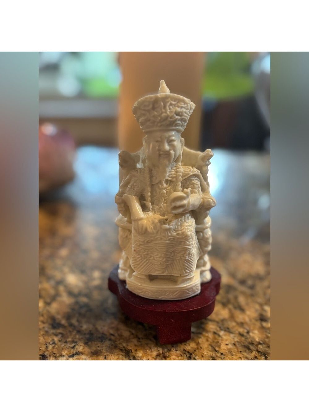 VINTAGE Intricate Chinese Emperor Cream Figurine Statue on Wood Base